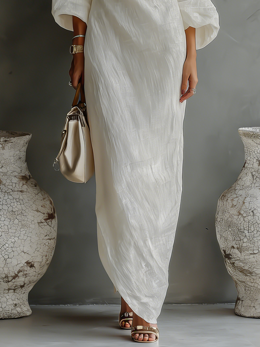 Women's Ivory White Cotton-Linen Blend One-Shoulder Flowing Elegant Dress MDA3032K4T - Seldom Seen Styles