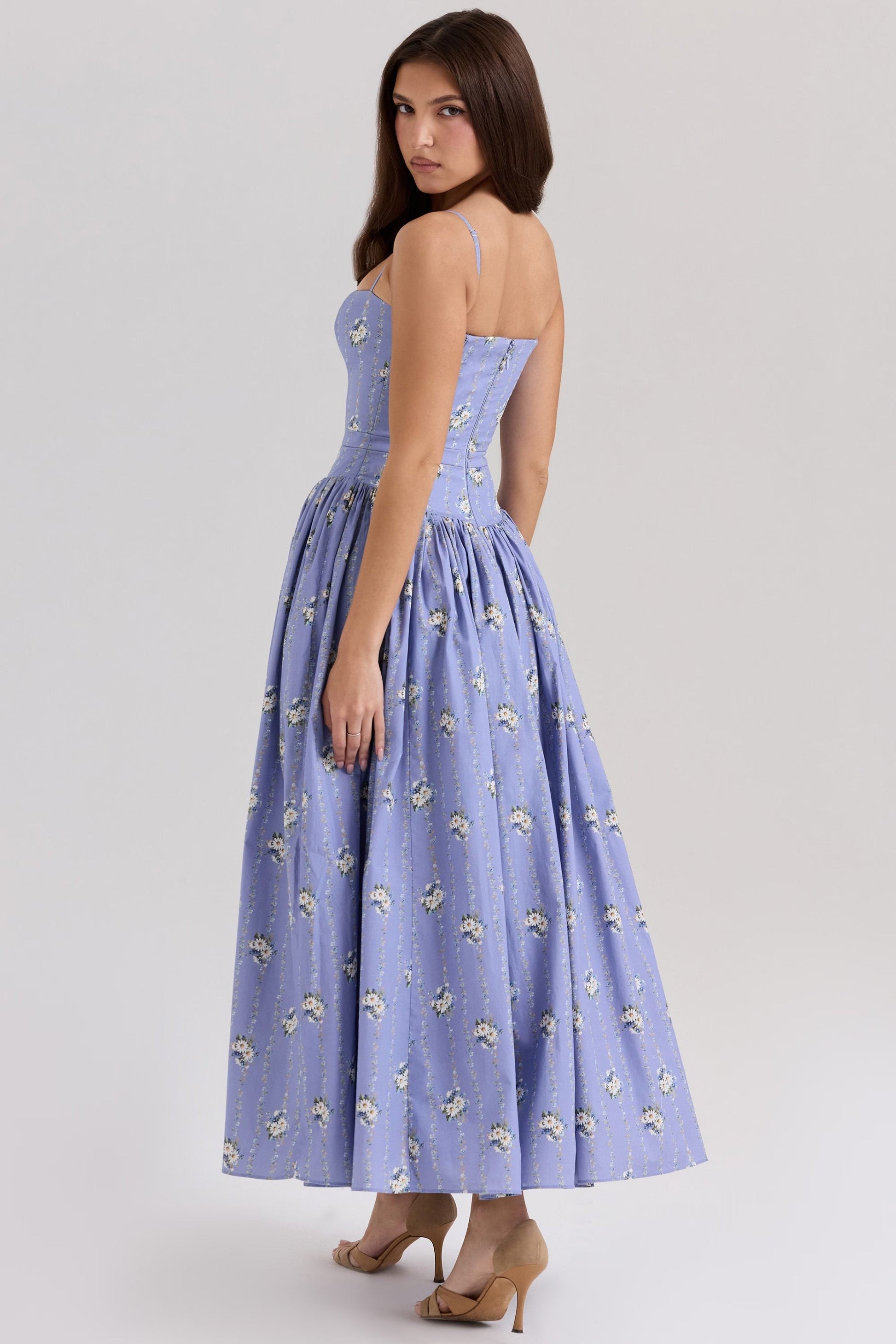 Women's Floral Midi Dress Spaghetti Strap Corset Waist Cottagecore Summer Dress - Seldom Seen Styles
