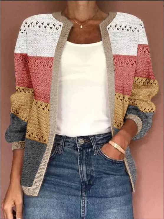 New Cross-Border Knitting Hot Sale2023Autumn and Winter European and American Amazon wishHot Selling Women's Wear Color Matching Hollow out Cardigan