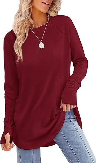 Womens Tunic Tops to Wear with Leggings Long Sleeve Thumb Hole Shirts Crew Neck Curved Hem - Seldom Seen Styles