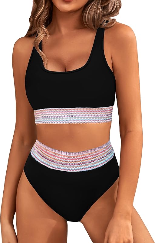 Women's High Waisted Bikini Sets Sporty Two Piece Swimsuits Color Block Cheeky High Cut Bathing Suits - Seldom Seen Styles