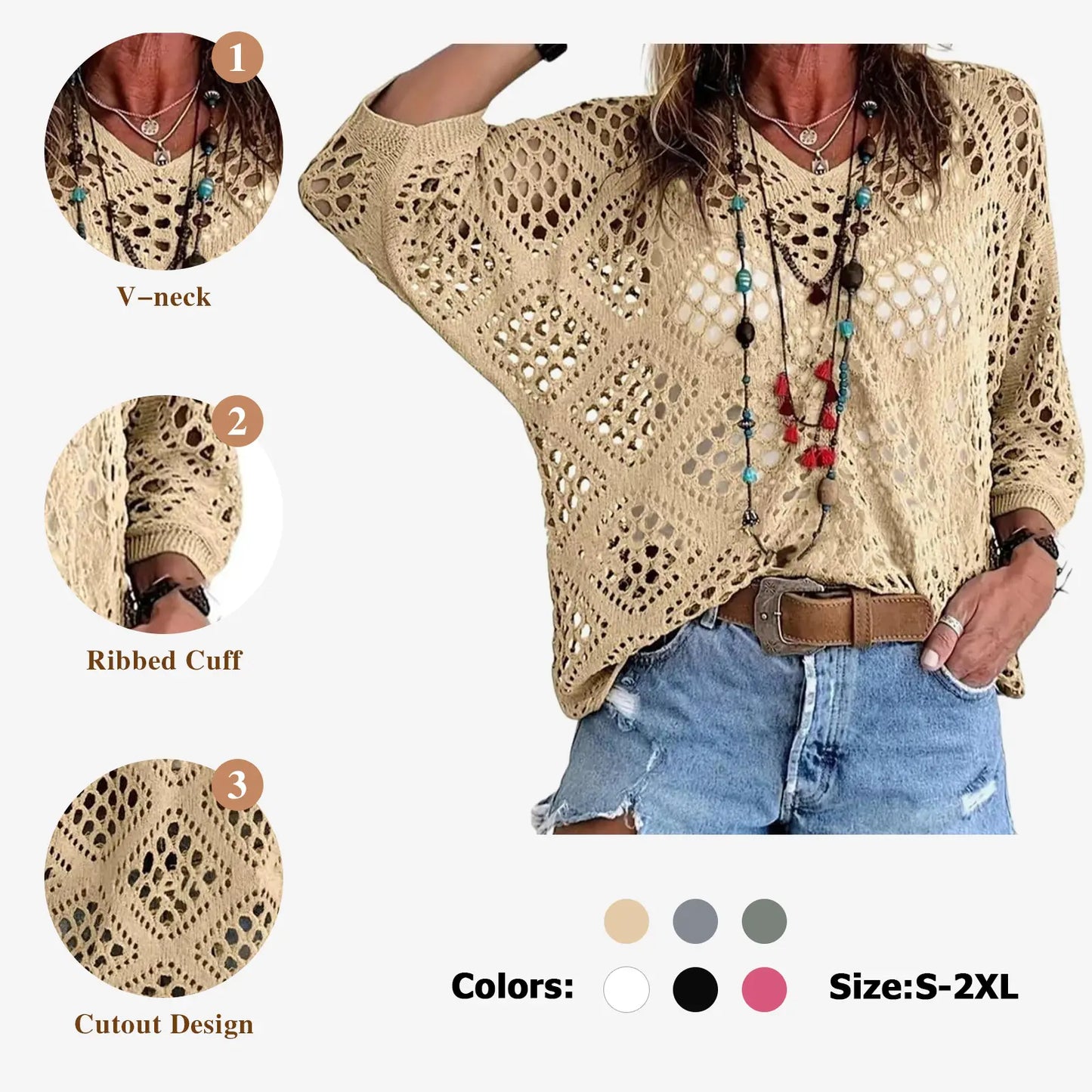 Fisoew Women's Bohemian-Inspired Beige Crochet Top with V-Neck #Springtok #TikTokShopJumpstartSale Casual Chic - Seldom Seen Styles