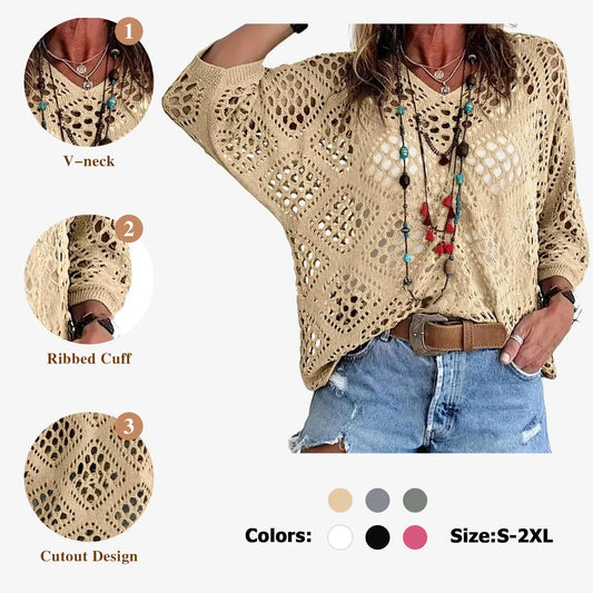Fisoew Women's Bohemian-Inspired Beige Crochet Top with V-Neck #Springtok #TikTokShopJumpstartSale Casual Chic - Seldom Seen Styles