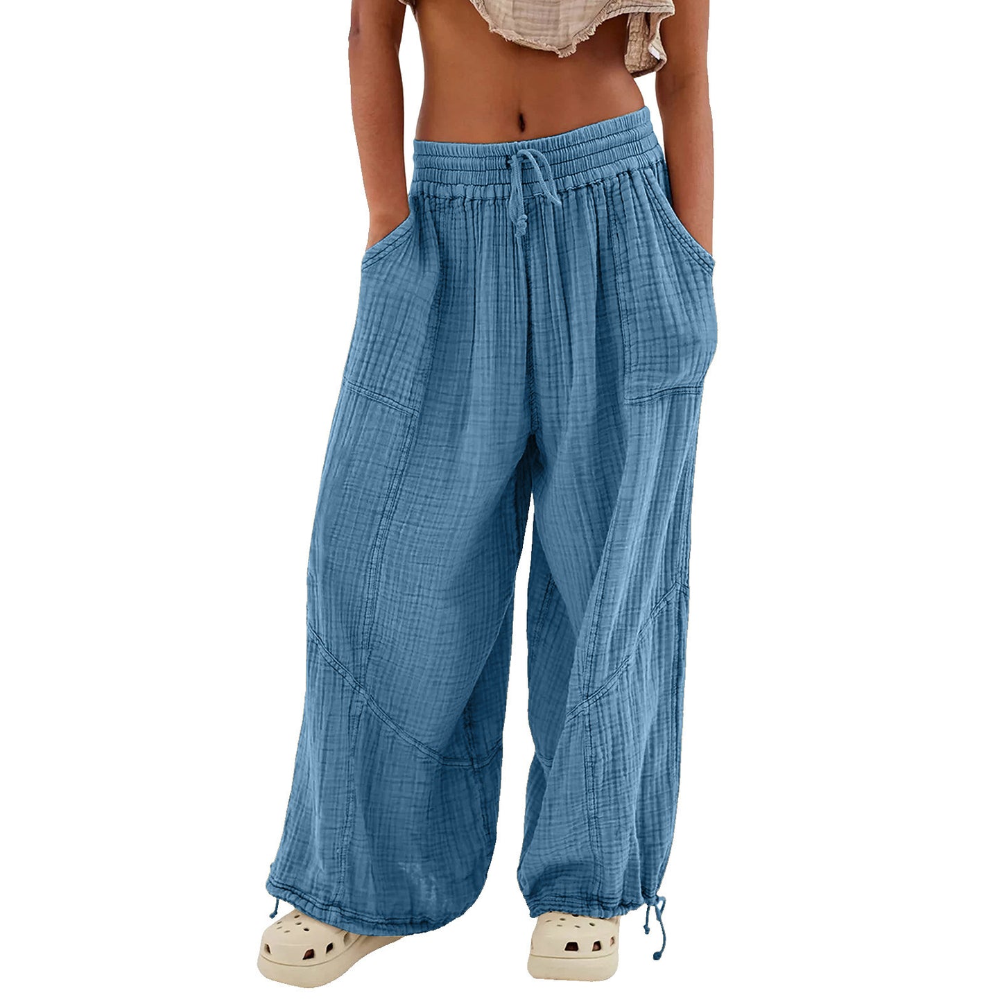 Womens Casual Loose Fit Wide Leg Cotton Pants Drawstring Stitching Baggy Pants Trousers with Pockets - Seldom Seen Styles