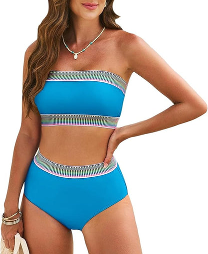 Tube Top Bikini Sets for Women Removable Strap Pad Color Block Two Piece Swimming Suit Swimwear - Seldom Seen Styles