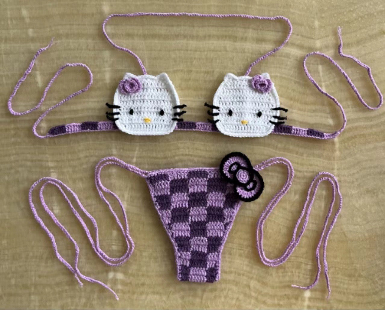 Hello Kitty Crochet Bikini Set 2pcs Bathing Suit Sexy Micro Bikinis Y2k Ties Swimsuit Thong Swimwear Miniso Women Swimming Suit Xinyi - Seldom Seen Styles