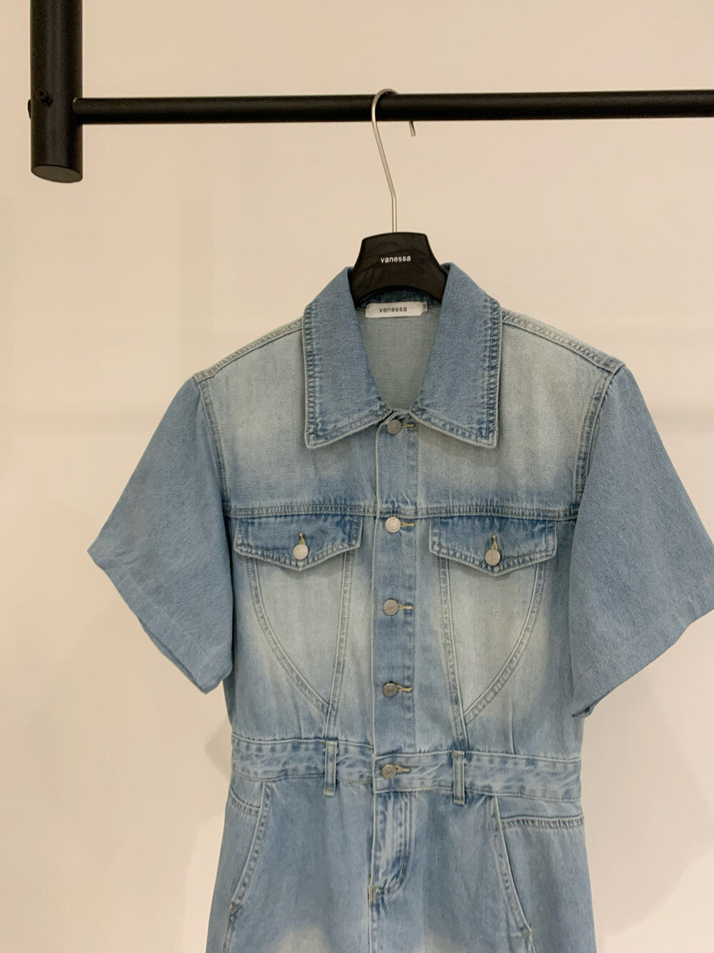 Women's Light Blue Washed Denim Short Sleeve Lapel Collar Silver Button Mini Dress Waist Cinching Dual Chest Pockets Side Pockets S M - Seldom Seen Styles