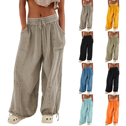 Damen Casual Loose Fit Weite Beinhose Baumwolle Hose Kordelzug Nähte Baggy Pants Hose mit Taschen