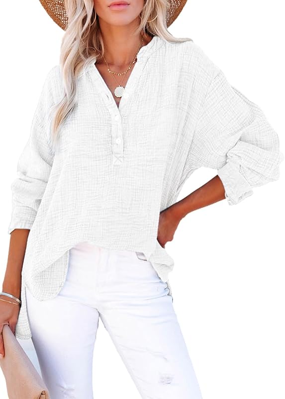 Womens Casual Button V Neck Long Sleeve Shirts Oversized Solid Blouses Tops