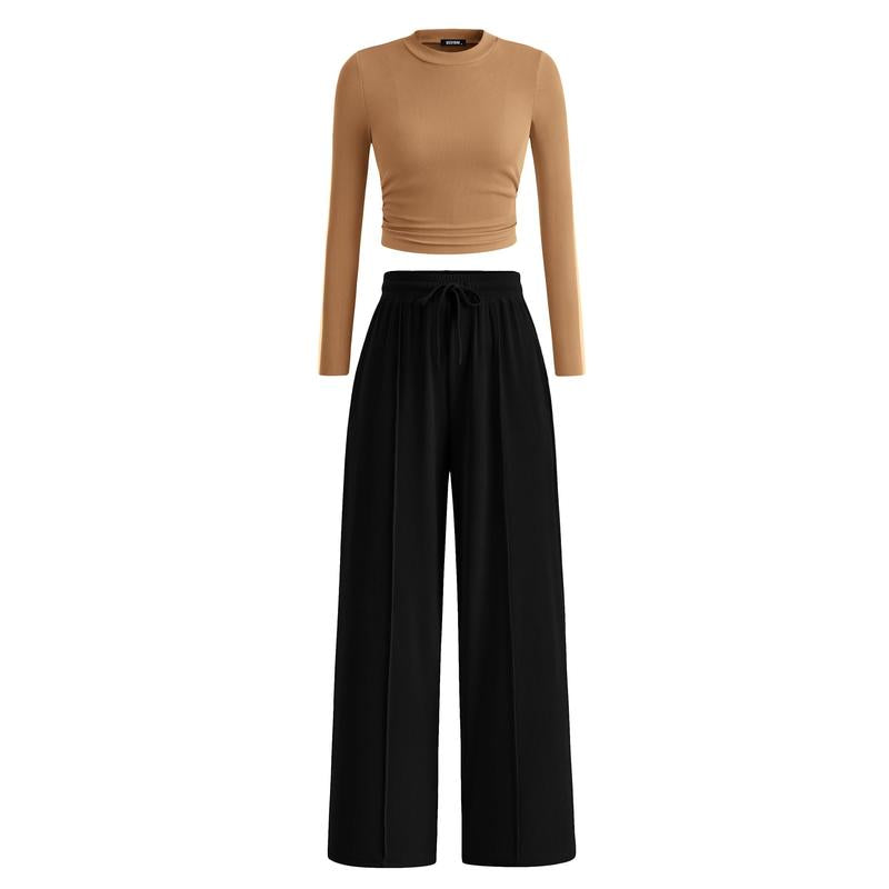 BTFBM 2-Piece Ribbed Knit Long Sleeve Crop Top Wide Leg Pants Matching Lounge Set Loungewear