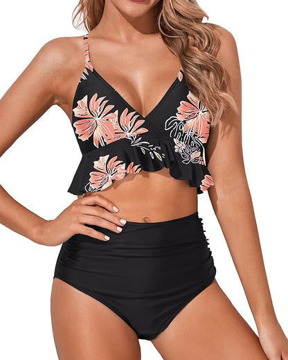 Women Two Piece Swimsuits High Waisted Bikini Set Ruffle Flounce Tummy Control Bottoms Bathing Suit - Seldom Seen Styles