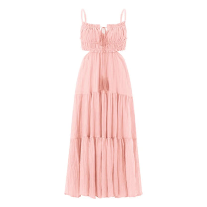 Summer Women Flowy Long Dress Spaghetti Strap Cut Out Backless Ruffle A-Line Dress Bohemian Party Holiday Casual Sundress