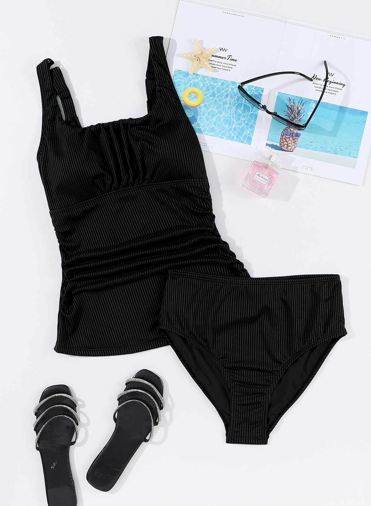 Bathing Suits for Women Two Piece High Waisted Ribbed Ruched Swimsuits Tummy Control Tankini Swim Top with Bottom Swimwear Black S-XXL - Seldom Seen Styles