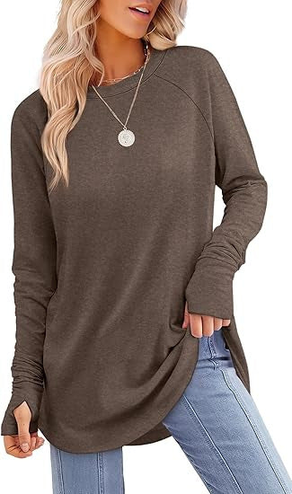 Womens Tunic Tops to Wear with Leggings Long Sleeve Thumb Hole Shirts Crew Neck Curved Hem - Seldom Seen Styles