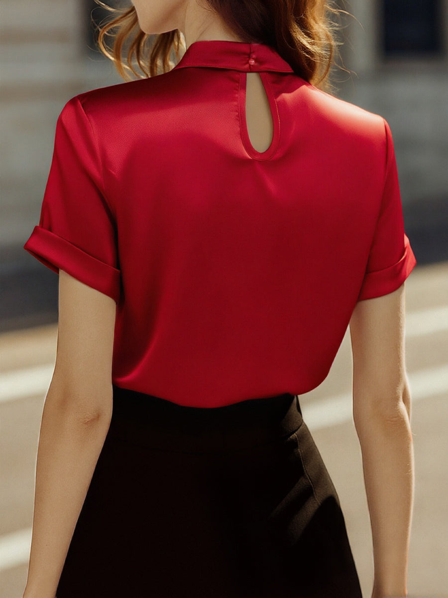 Sophisticated White Satin Blouse with Modern Keyhole Neckline - Seldom Seen Styles