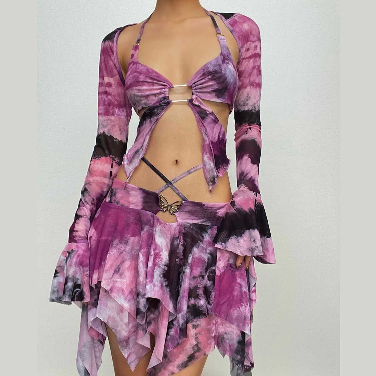 Flared sleeve tie dye o ring self tie halter low cut mini skirt set - Seldom Seen Styles