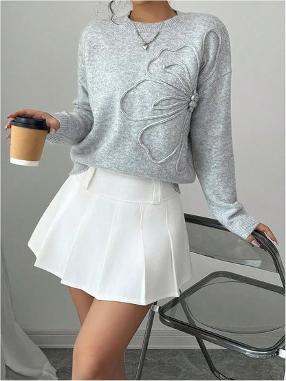 Women's 3D Floral Appliques Crewneck Sweaters Long Sleeve Drop Shoulder Pullovers Elegant Knit Tops