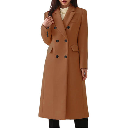 Women's Notch Lapel Double Breasted Wool Blend Mid Long Pea Trench Coat