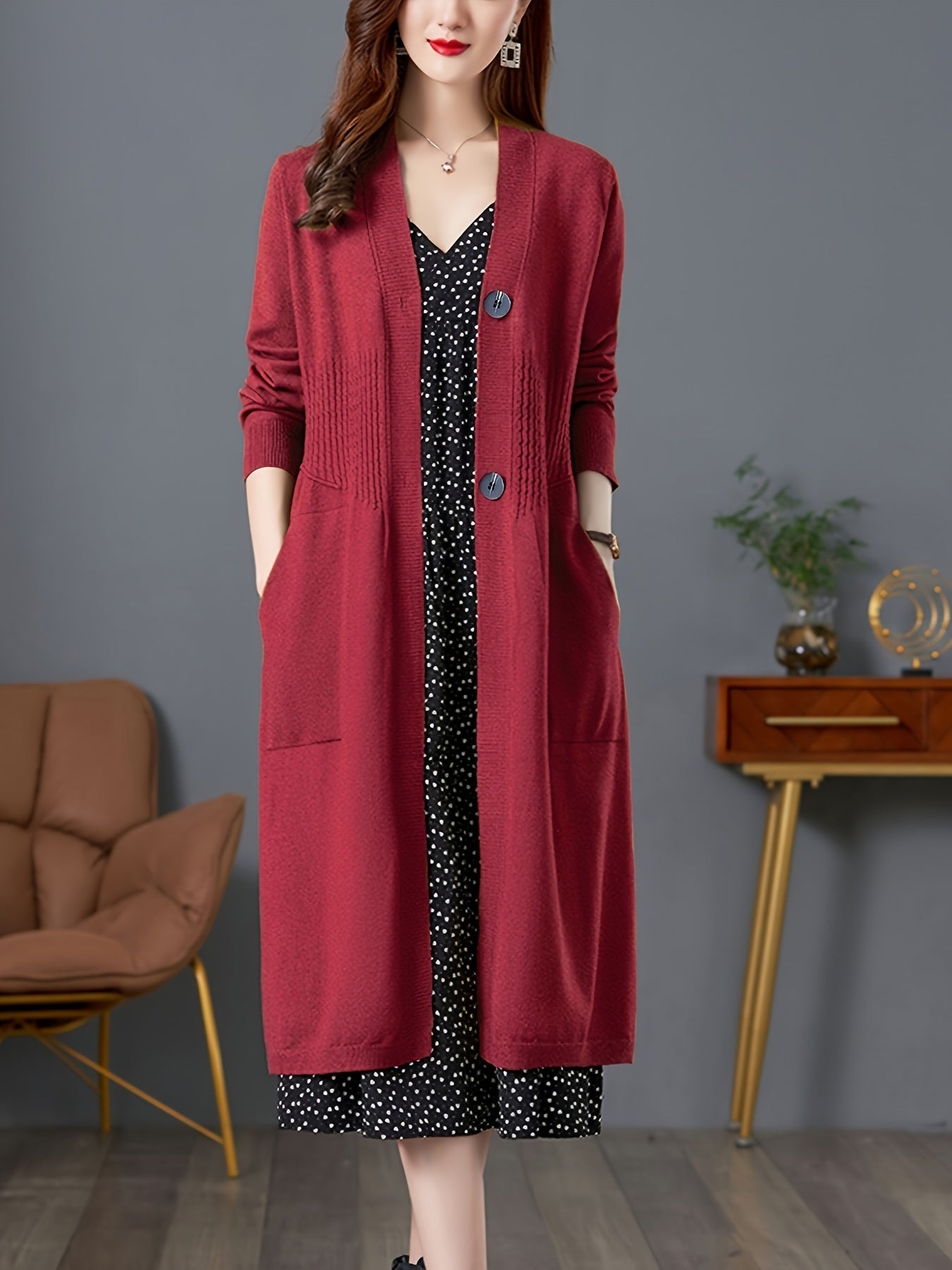 Solid Button Front Duster Cardigan, Casual Long Sleeve Slant Pockets Midi Cardigan For Fall & Winter, Women's Clothing