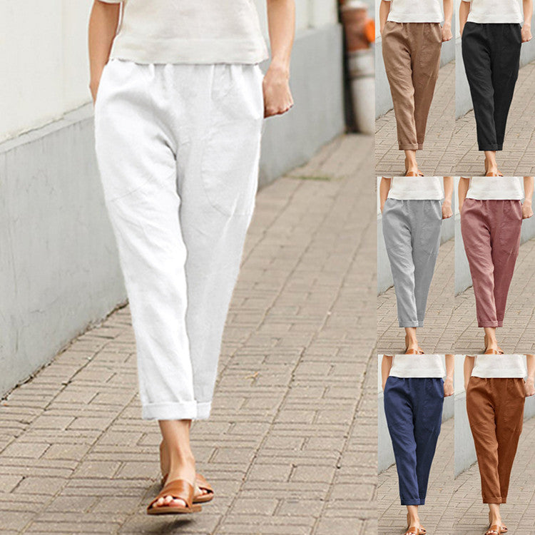 Women's Linen Cropped Pants Tapered Ankle Capris Trousers Elastic Waist - Seldom Seen Styles
