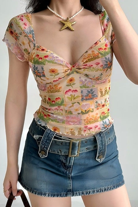 Floral Mesh Slim V Neck Tube Blouse - Seldom Seen Styles