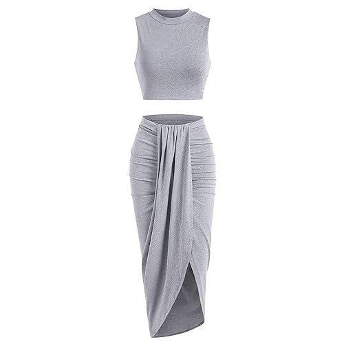 Women's Solid Crop Tank Top & Ruched Asymmetrical Hem Split Skirt Set, Chic Casual Mock Neck Sleeveless Top & High Waist Wrap Skirt, Womenswear Outfit - Seldom Seen Styles