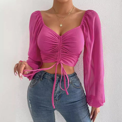 Summer NewVCollar Chiffon Drawstring Lantern Sleeve Skinny Fashion Sexy Shirt Top