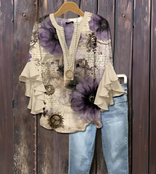 Haut à manches volantées et imprimé floral rétro pour femme, tenue vintage des années 90, chemises amusantes, élégantes et classe, jolie tenue d'été