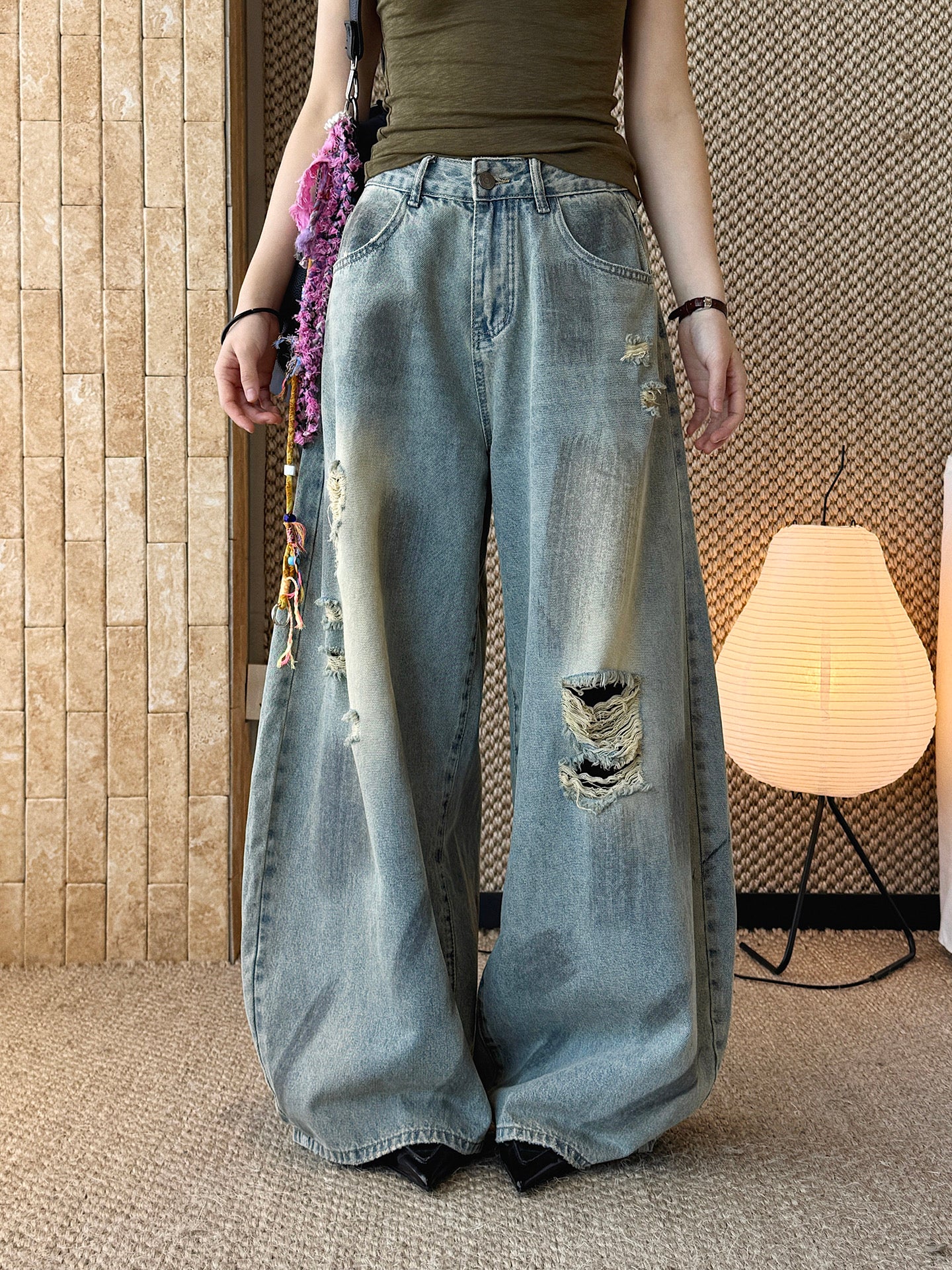 Women's Ripped Wide Leg Baggy Jeans High Waist Distressed Denim Pants Street Style Y2K Casual