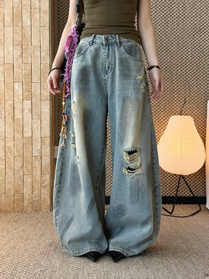 Women's Ripped Wide Leg Baggy Jeans High Waist Distressed Denim Pants Street Style Y2K Casual