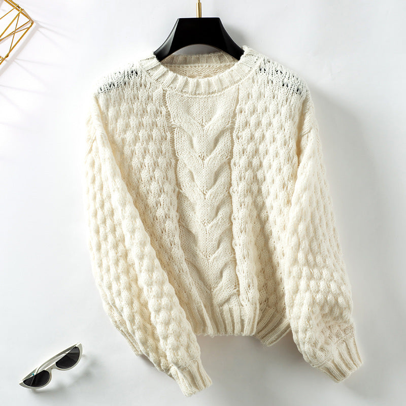 Mao Mao Yu Autumn and Winter New Hollow Twisted Eight Pullover European and American Sweater Women's Loose round Neck Retro Cross-Border Sweater