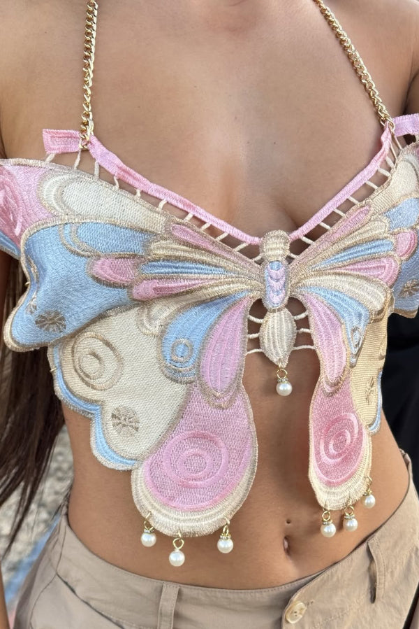 Fashionable Embroidered Butterfly Chain Halter Tank Tops - Seldom Seen Styles