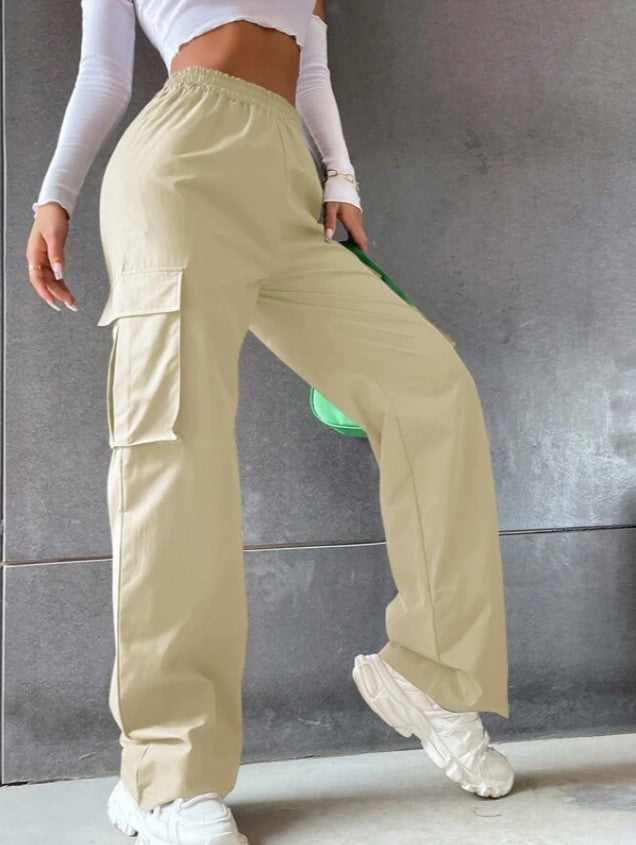Girl's Elastic Waist Trousers Loose Straight Leg Flap Pocket Cargo Pants - Seldom Seen Styles