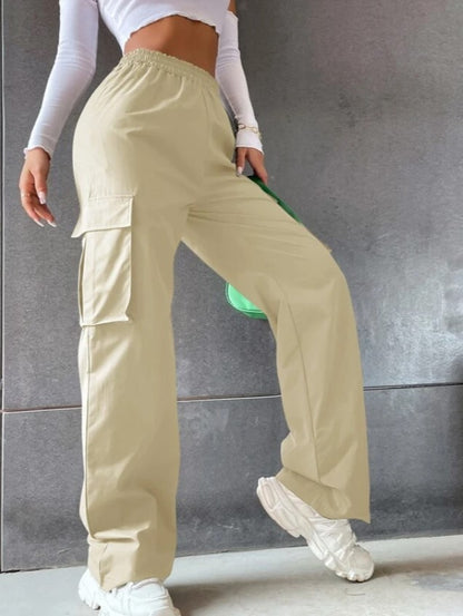 Girl's Elastic Waist Trousers Loose Straight Leg Flap Pocket Cargo Pants
