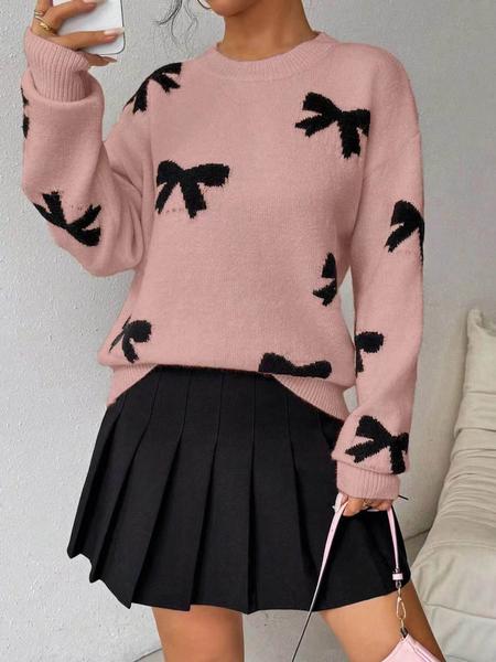 Fashion Bow Print Casual Basic Loose Knitted Sweater Pullover Autumn/Winter Women Pullovers New O-Neck Full Sleeve Knit Sweater, Knitwear - Seldom Seen Styles