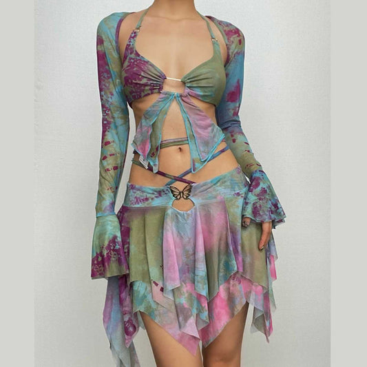 Flared sleeve tie dye o ring self tie halter low cut mini skirt set - Seldom Seen Styles