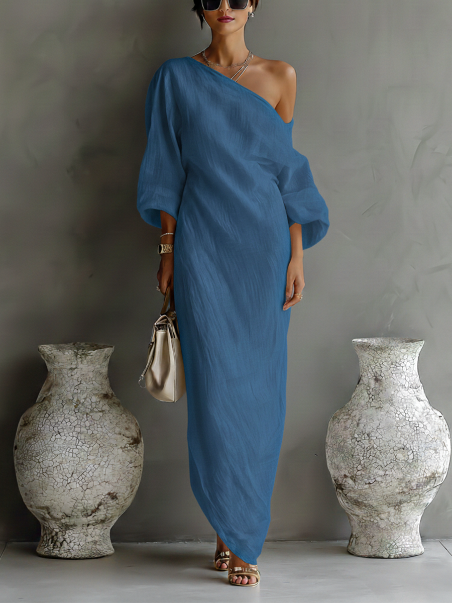 Women's Ivory White Cotton-Linen Blend One-Shoulder Flowing Elegant Dress MDA3032K4T - Seldom Seen Styles