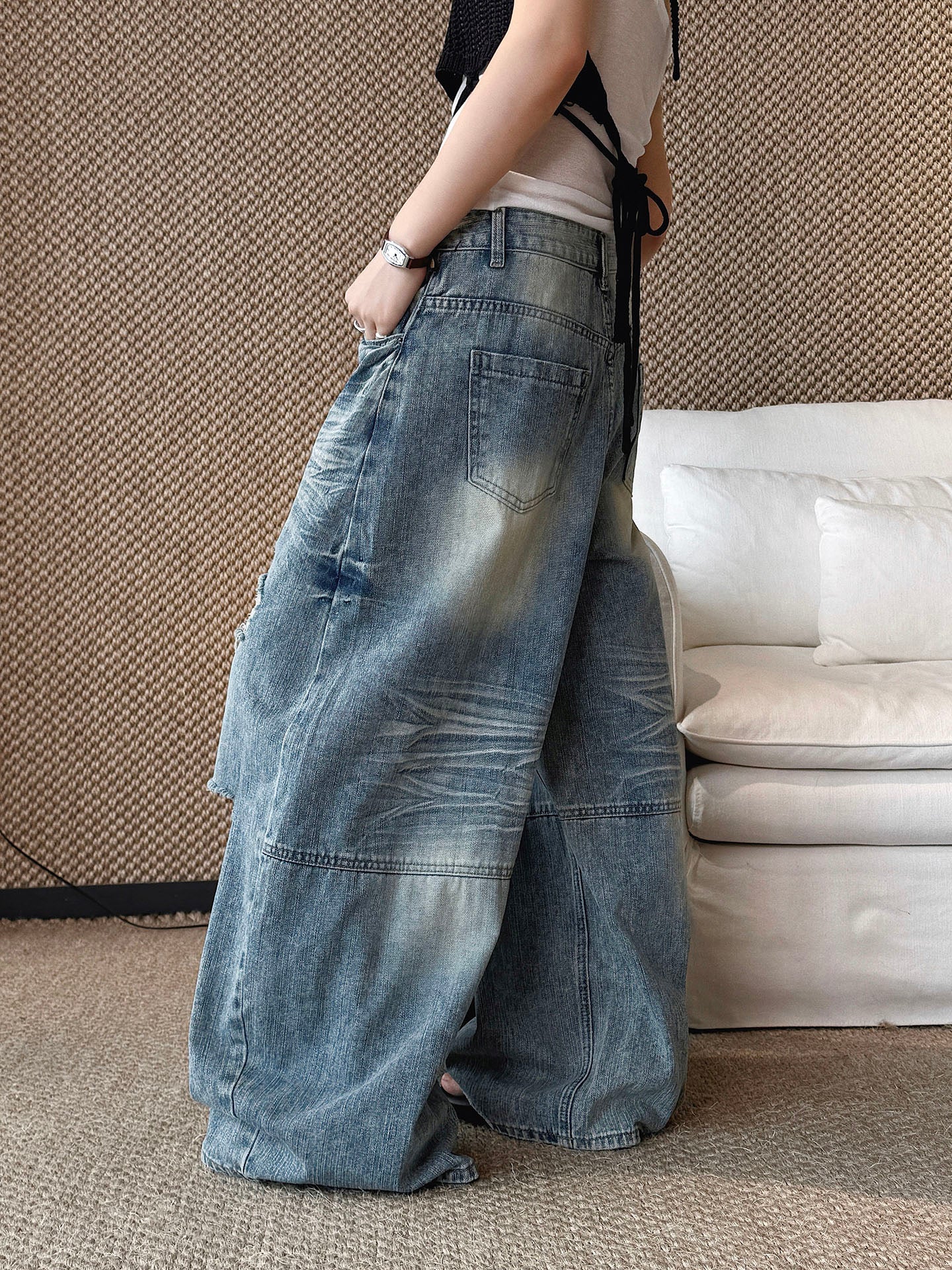 Women's Distressed Ripped Wide Leg Jeans High Waist Baggy Denim Pants Streetwear Y2K Casual Summer Outfit