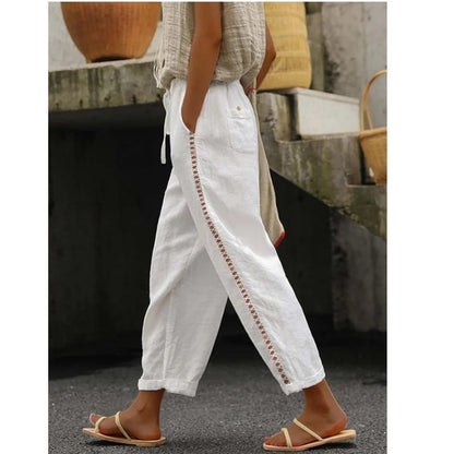 Women's Linen Capri Pants with Drawstring Petite Summer Beachwear Lightweight Elastic Waist Pants