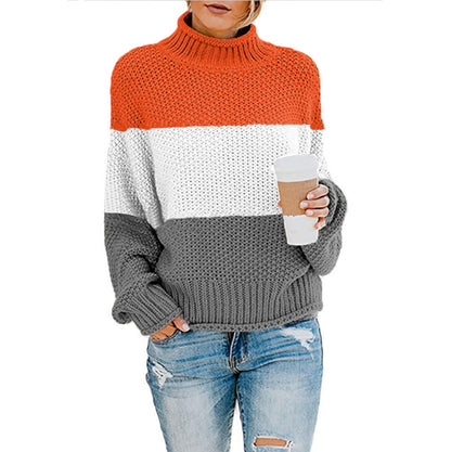 2024Cross-Border wish New Autumn and Winter Sweaters Knitwear Foreign Trade Women's Clothing Amazon Thick Thread Color Matching Turtleneck Pullover