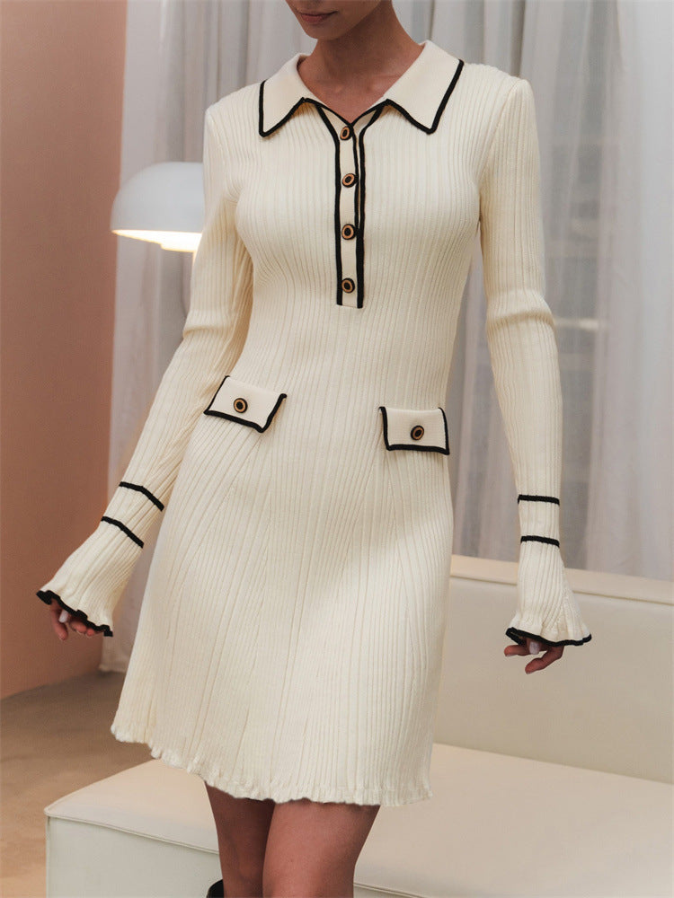 Slim-Fit Graceful Long Sleeve Knitted Dress Women 2024 Spring New Short French Sunken Stripe Tight Lapel Dress