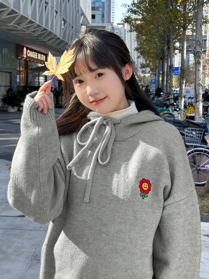 Casual Hooded Pullover Sweater for Women Embroidered Flower Design, Solid Color, Knitted, Comfortable Fit