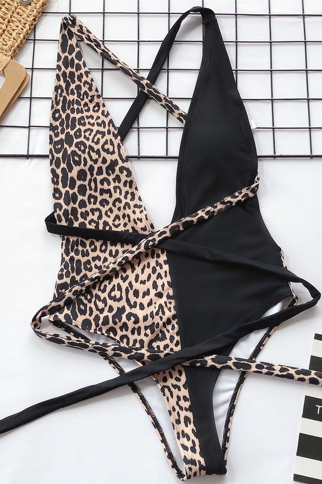 Leopard Criss Cross One Piece Swimwear - Seldom Seen Styles