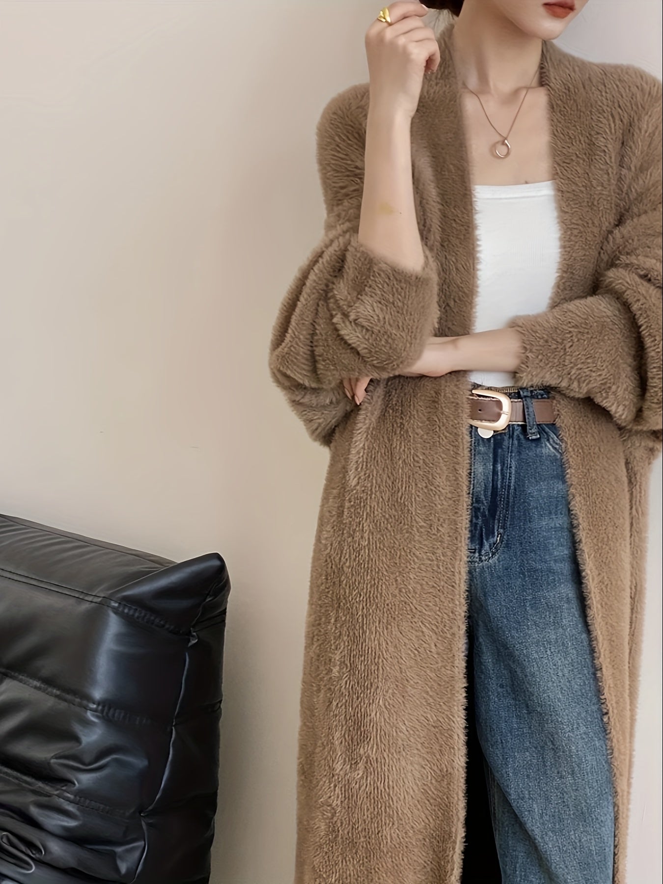 Solid Color Open Front Plush Cardigan, Elegant Long Length Oversized Cozy Sweater Outerwear, Women's Clothing