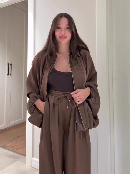 Women's 2 Piece Outfits Oversized Fleece Sweatsuit Zip Up Long Sleeve Sweatshirt with Wide Leg Sweatpants