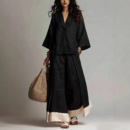 Annie's Fashion Women's Cotton-Linen V-Neck Three-Quarter Sleeve Shirt and Wide-Leg Pants Set