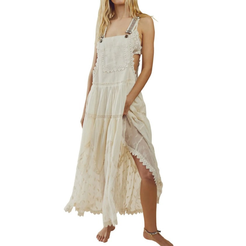 Women's Summer Laced Embroidered Tulle Bib Beachwear Dress Casual Comfortable Loose Adjustable Straps Maxi Dress Fabric Womenswear - Seldom Seen Styles