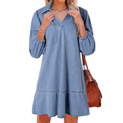 Denim Dress for Women Fashion Fall Casual Babydoll 2025 V Neck 3/4 Puff Sleeve Jean Dresses - Seldom Seen Styles