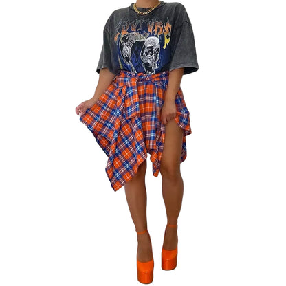 Women's Fashion Style Plaid Print Asymmetrical Hem High Waist Skirt, Casual Comfort Elastic Waist Tiered Layer Knee Length Skirt for Summer Going Out Streetwear, Fashionable Trendy Plaid Skirt, Womenswear Everyday Bottom
