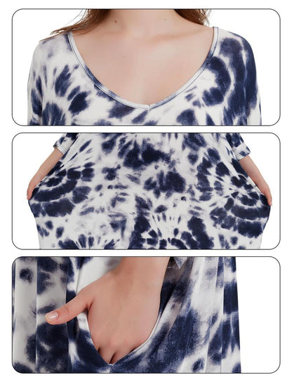 Plus Size Nightgown for Women V-Neck Sleep  Dress Pjs Lounge Short Sleeves Sleepwear With Pocket Fit S-5XL Pajamas Elastic Loungewear Breathable Fabric